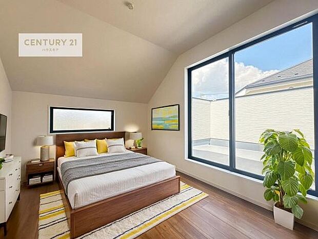 家具はCGパースです。バルコニーに面した洋室。優しい光が差し込む洋室は、朝の目覚めも気持ちが良さそうですね。おうち時間もゆったりと過ごすことができます。