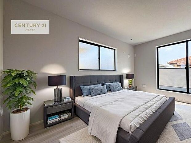 家具はCGパースです。バルコニーに面した洋室。優しい光が差し込む洋室は、朝の目覚めも気持ちが良さそうですね。おうち時間もゆったりと過ごすことができます。