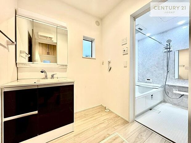 【現地販売会開催中】三面鏡仕様の洗面所は、身だしなみがしやすい造り！裏は収納になっています。ドライヤーやお化粧道具を片付けられるので洗面台周りをスッキリと見せることが出来ます！