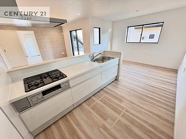 大人気の対面式システムキッチンを採用しています！ご家族のコミュニケーションが自然と増える設計です。お子様にも目が届くので嬉しいですね。収納力もあります！