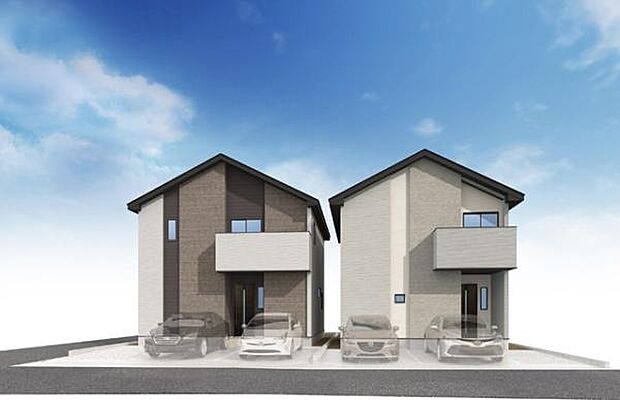 こちらは完成予想図です。明るく洗練された外観デザインで、快適な暮らしを想像しやすい仕上がりになっています。完成後の住まいでの新しい生活が楽しみになる一枚です。