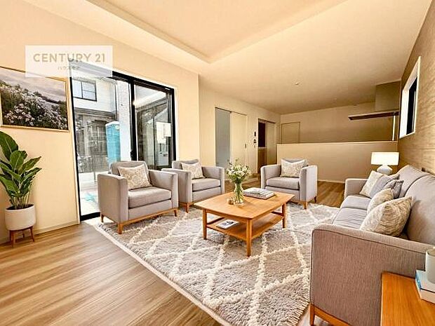 家具はCGパースです。優しい陽だまりがリビングを包んでくれて居心地の良い空間を演出してくれます!くつろぎの時間を過ごせます!