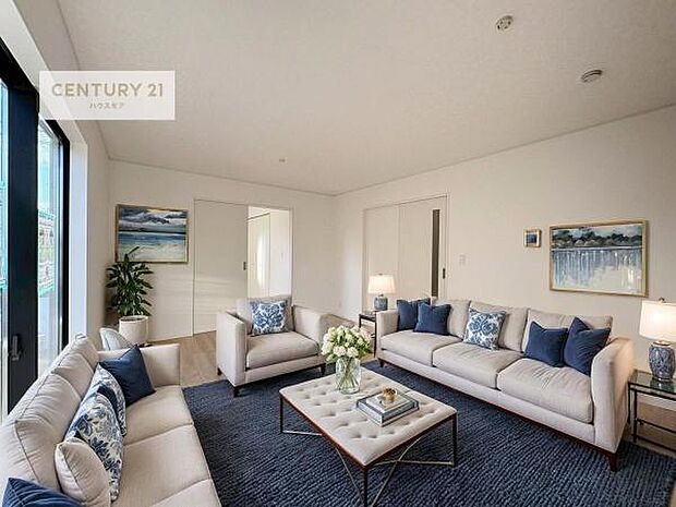 家具はCGパースです。優しい陽だまりがリビングを包んでくれて居心地の良い空間を演出してくれます！くつろぎの時間を過ごせます！