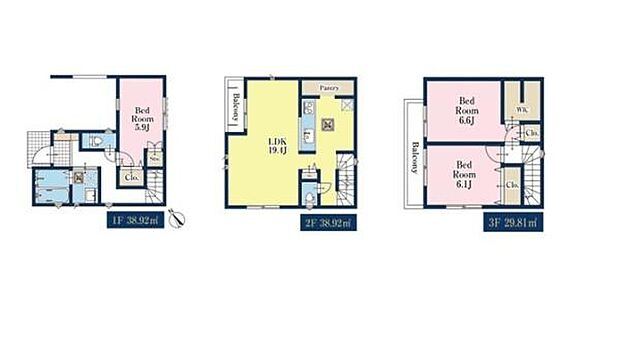 3階建てならではの空間構成で、プライバシーと開放感を両立。暮らしやすい3LDKの間取りです。
