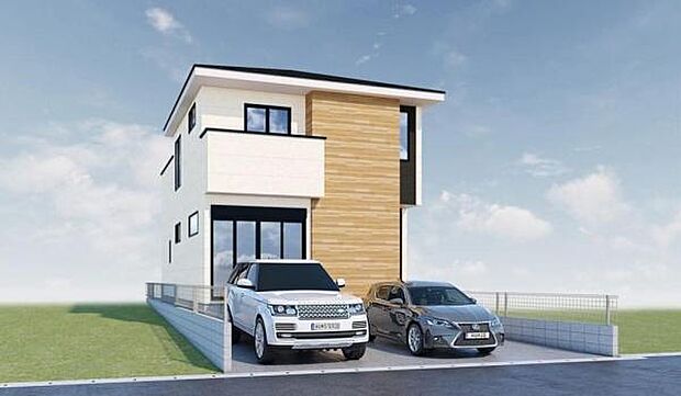 こちらは完成予想図です。明るく洗練された外観デザインで、快適な暮らしを想像しやすい仕上がりになっています。完成後の住まいでの新しい生活が楽しみになる一枚です。