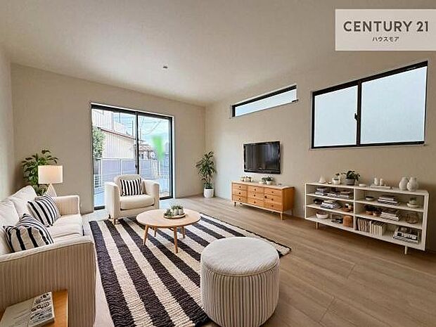 家具はCGパースです。優しい陽だまりがリビングを包んでくれて居心地の良い空間を演出してくれます！くつろぎの時間を過ごせます！