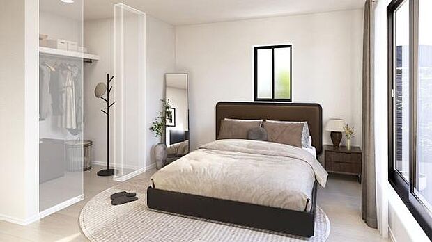 バルコニーに面している洋室です。明るく温もりがあり、換気もしっかりできます！朝起きて、外に出て背伸びをしつつ深呼吸をし良い朝を迎え入れることが出来そうですね！【同仕様写真】/【現地販売会開催中】