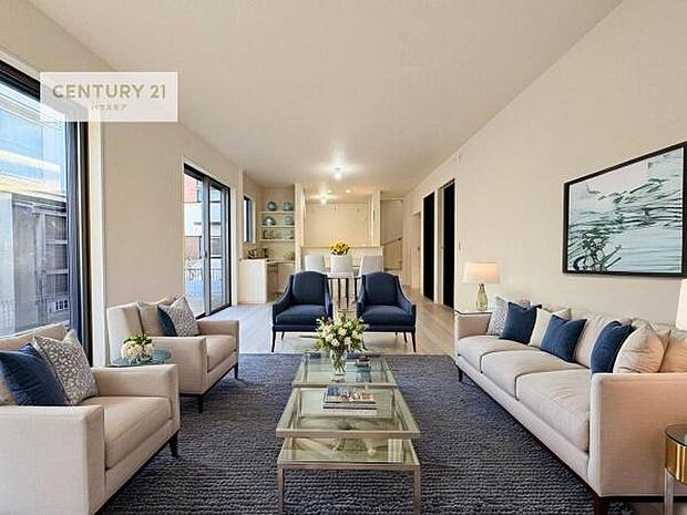 家具はCGパースです。優しい陽だまりがリビングを包んでくれて居心地の良い空間を演出してくれます！くつろぎの時間を過ごせます！