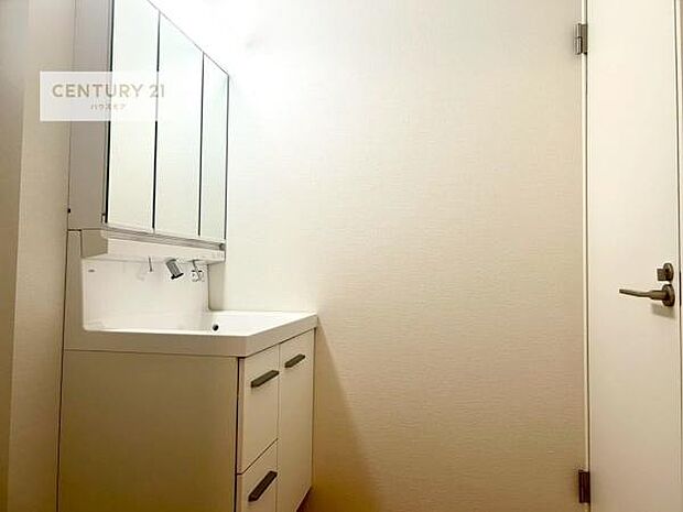 三面鏡仕様の洗面所は、身だしなみがしやすい造り！裏は収納になっています。ドライヤーやお化粧道具を片付けられるので洗面台周りをスッキリと見せることが出来ます！