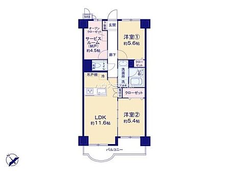 2つの居室に加え、多目的に使えるサービスルームを備えた、ライフスタイルに柔軟に対応できる2SLDKの間取り。