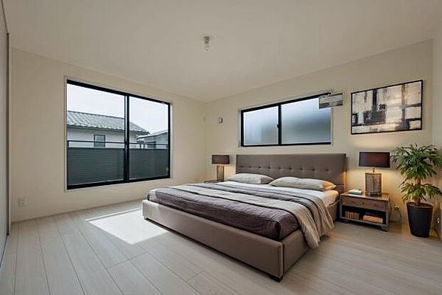 柔らかな光が差し込む心地よい眠りの空間。シックな色調でまとめられ、一日の疲れを癒やす極上のプライベート時間を提供。(本画像はCGにて家具等を配置しております。実際に家具等はおかれておりません。)