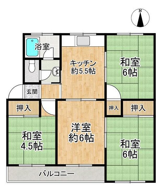 神陵台西住宅61号棟(4DK) 1階の間取り