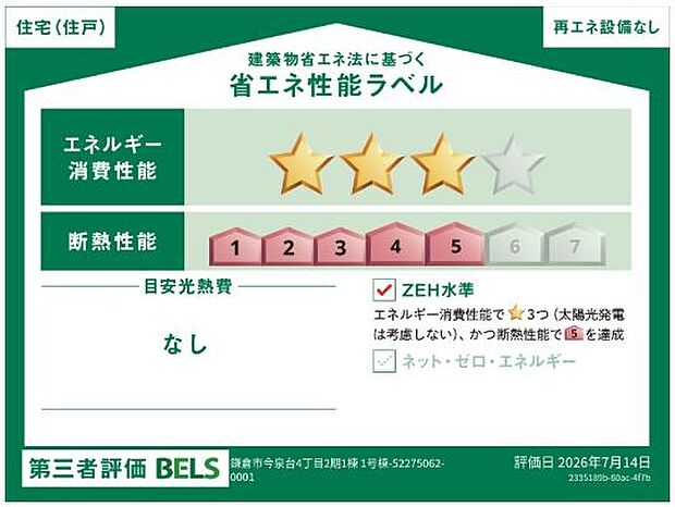【制振ダンパー】搭載、「耐震等級3」、「断熱等性能等級5」、「BELS」「長期優良住宅（減税＋控除）」「住宅性能表示（建設＋設計）」