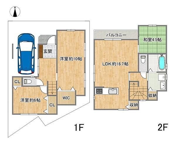 家族が集まる約16.7帖のLDKに和室を併設したゆとりのある2階建てプラン。WICなど収納も充実しており、暮らしやすさに配慮した間取りです。駐車スペースも確保し、子育て世帯にもおすすめの住まいです。
