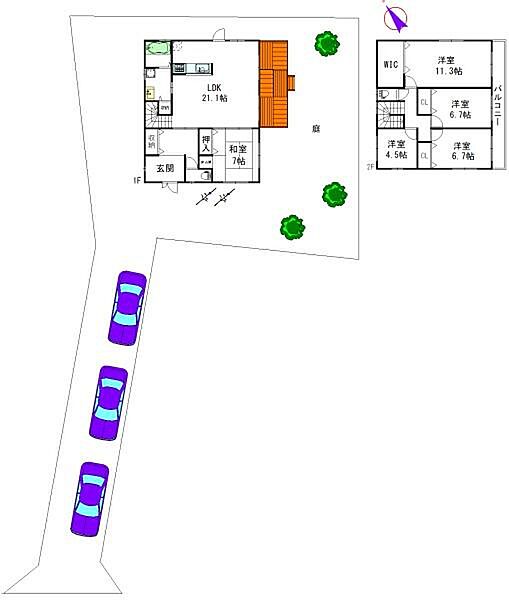 建物参考プラン：間取り5LDK、木造2階建、建物面積延137.69平米（1F72.29平米、2F65.40平米)
