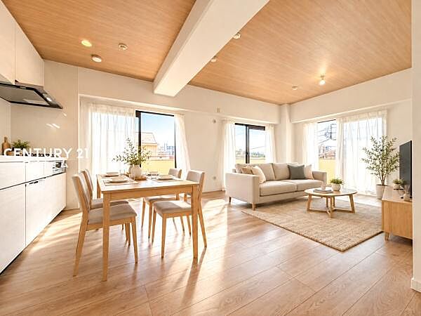 大きな窓からたっぷり光が差し込む、明るく開放的なリビング♪（家具などはCG加工です。実際には設置していません）