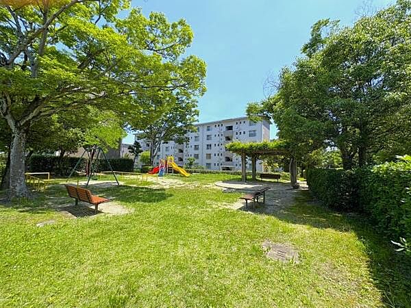 西側の広場・公園の様子。ベンチもあり、子どもの遊び場や家族の散歩、ちょっとした気分転換に便利な共用スペースです。