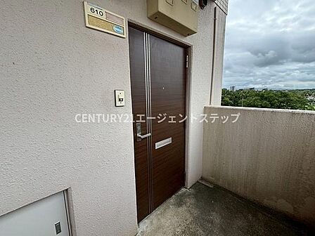 シンプルで落ち着いた雰囲気の玄関が印象的です。玄関前のスペースが広めで使い勝手の良さがうかがえます。扉のデザインもシックで周辺環境と調和しています。