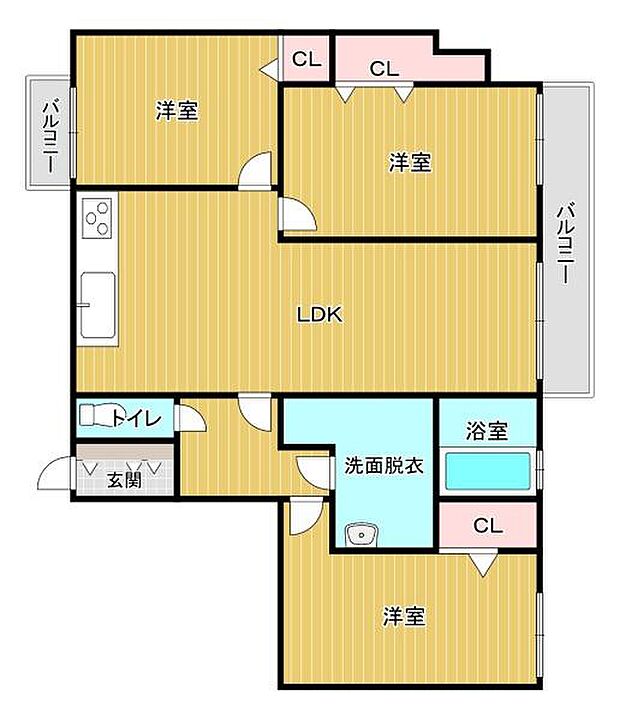 間取りは3ＬＤＫ。全居室に収納付きで、お部屋も片付きます♪1部屋ずつが広く使いやすい配置で快適に過ごせます♪