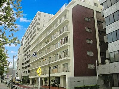 外観：白とブラウンのコントラストが特徴的な外観です。大通りに面しており周囲は高層の建物が並んでいます。清潔感ある外壁とバルコニーが印象的です。エントランス前には植栽も施されています。