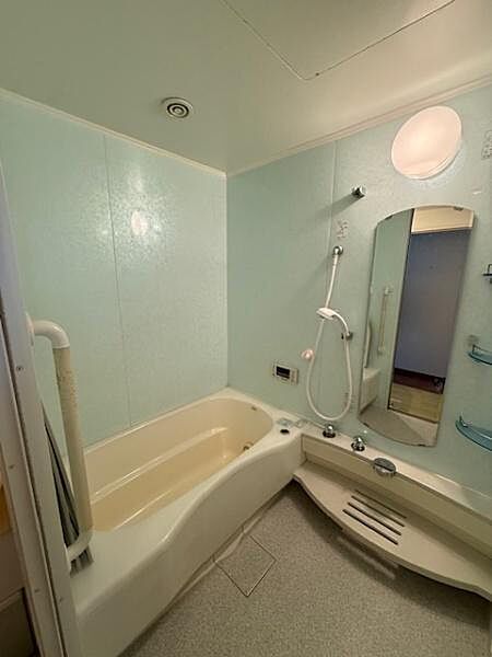 明るい色合いの壁が印象的なバスルームです。大きな鏡や便利な棚が設置されておりスペースがしっかり確保されています。浴槽は深さがありしっかりとした形状が特徴です。洗い場も十分な広さで使いやすい仕様です。