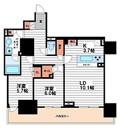 ローレルタワー御堂筋本町 2LDKの間取図画像