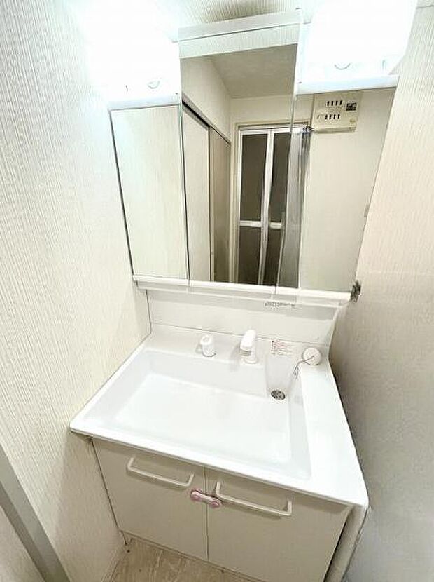 平成30年洗面台新調広々洗面台は3面鏡収納、シャワーノズル付きとなります。