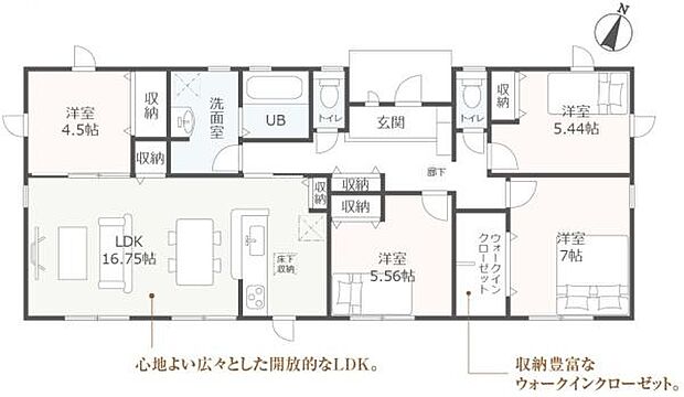 1号棟平屋◇4LDK+WIC◇土地面積/295.75平方メートル(89.46坪)建物面積/96.06平方メートル(29.06坪)