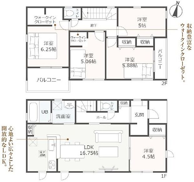 2号棟◇5LDK+WIC◇土地面積/252.28平方メートル(76.31坪)建物面積/106.01平方メートル(32.06坪)