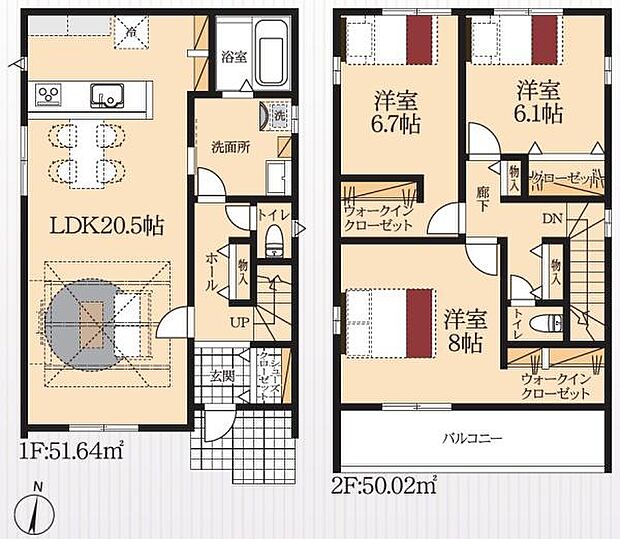 2号棟◇3ＬＤＫ◇土地面積／128.54平方メートル（38.88坪）建物面積／101.66平方メートル（30.75坪）