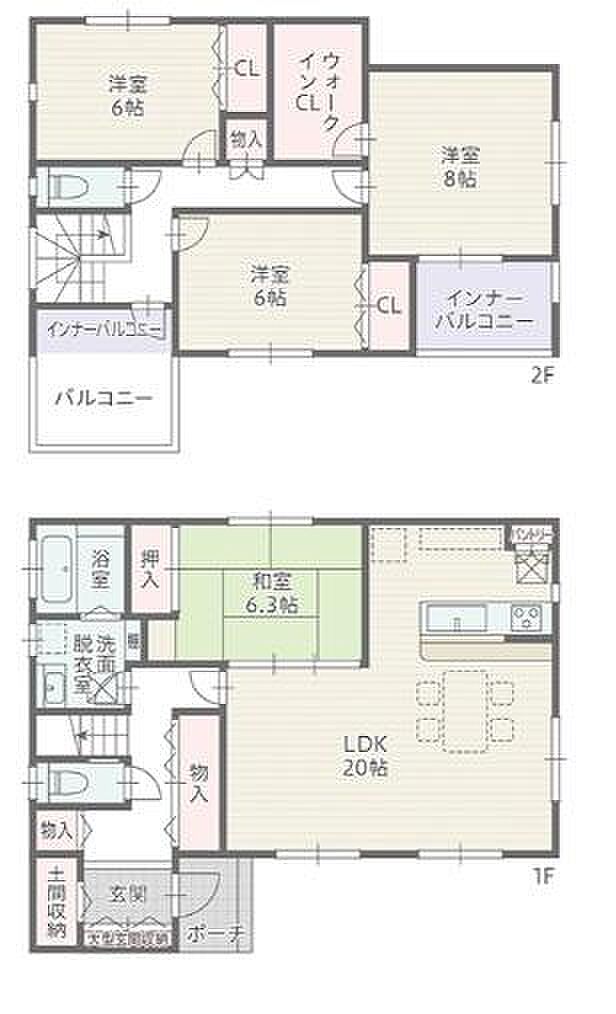 2号棟◇4ＬＤＫ◇土地面積／208.07平方メートル（62.94坪）建物面積／129.20平方メートル（39.08坪）