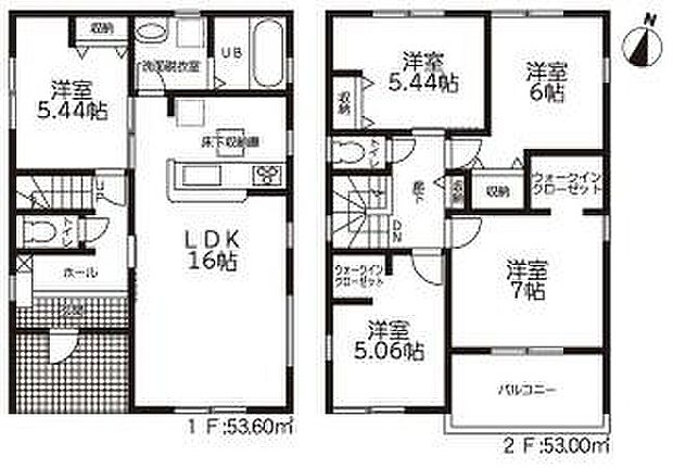 2号棟:土地面積189.77平方メートル(57.4坪)、建物面積106.6平方メートル(32.24坪)