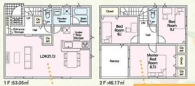 【1号棟】敷地面積207.32平方メートル（62.71坪）・建物面積107.72平方メートル（32.58坪）