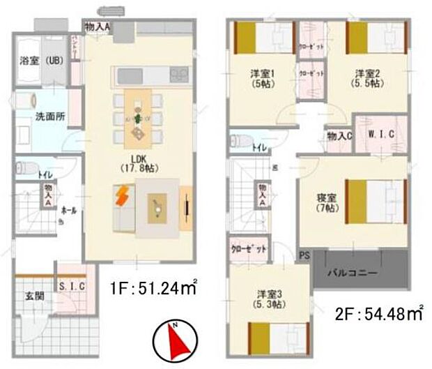 1号棟◇4LDK◇土地面積/175.46平方メートル(53.07坪)建物面積/105.72平方メートル(31.98坪)