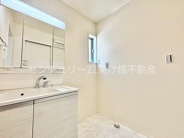 洗面所三面鏡の独立洗面台となっております。ストックなどを収納するのに便利な収納あり