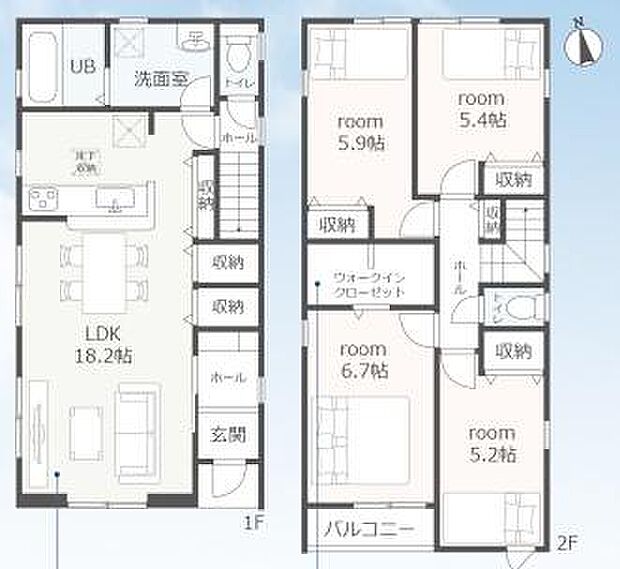 1号棟4LDK+WIC土地面積104.21平方メートル(31.52坪)建物面積101.04平方メートル(30.56坪)