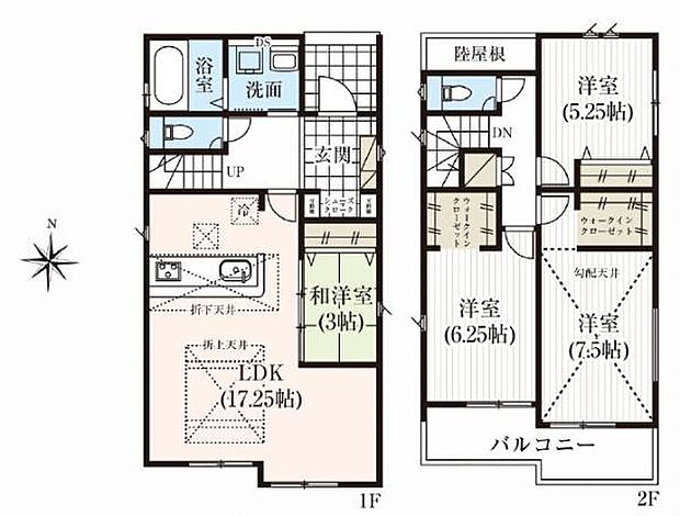 ◇1号棟◇4ＬＤＫ＋W.I.C◇土地面積／164.39平方メートル（49.72坪）建物面積／98.53平方メートル（29.80坪）