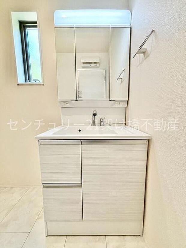三面鏡の独立洗面台となっております。