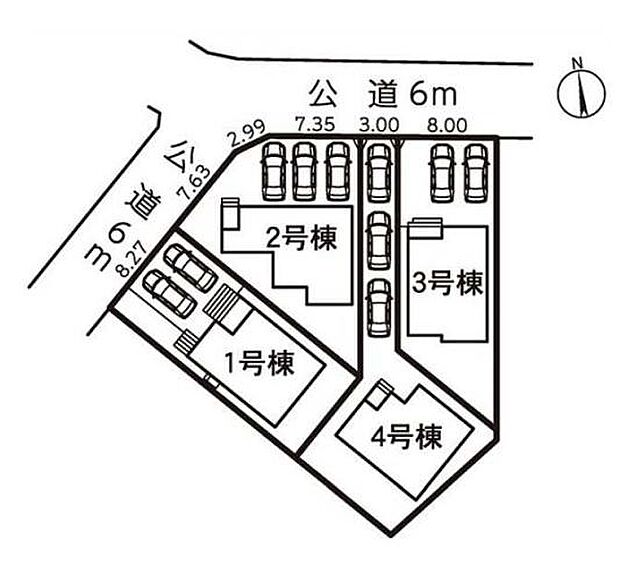 こちらは1号棟です。北西側公道約6ｍ駐車並列2台可能