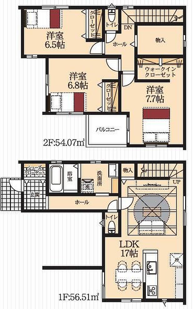 3LDK・土地面積100.22平方メートル（30.36坪）建物面積110.58平方メートル（30.47坪）