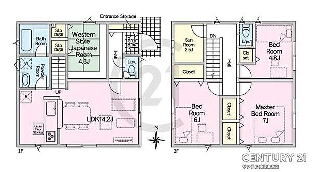 サンルームの付いた4SLDKの間取りです♪各居室に収納もあり、ファミリーにも使いやすい間取りとなっております♪