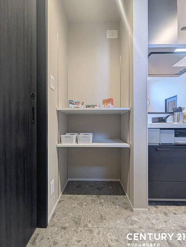 キッチンのパントリーです♪調味料や洗剤、レトルト食品などの在庫を保管出来る便利な収納スペース♪このスペースが有るのと無いのでは大きな差が出ます！