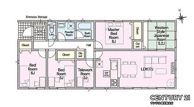 平家の4SLDK♪広いリビングに和室も付いた間取りです♪収納スペースもしっかり取られているファミリーには嬉しい間取です♪