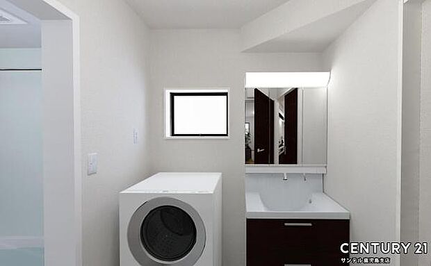 （同仕様モデル）洗面脱衣所！窓の付いた清潔感のあるシンプルな洗面脱衣所♪洗面台は、三面鏡の裏も収納スペースが付いており、シャワーヘッド付き！※家具、家電、インテリアはＣＧによるイメージです。