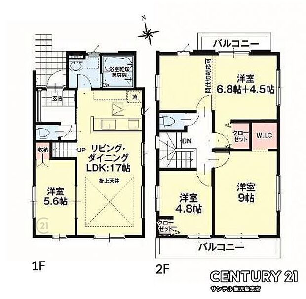4号棟の間取りは4SLDKです♪各居室が広くとられており、1階にはもう1部屋あるので生活しやすい間取りです♪また、2階の6.8帖＋4.5帖のお部屋は、用途に合わせて間仕切ることも可能です♪