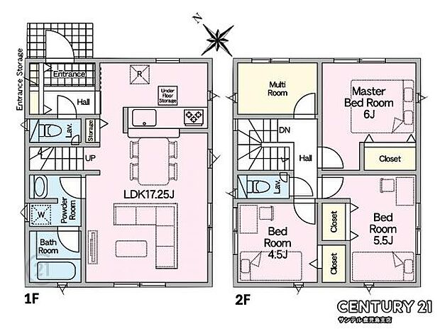 2階建、南西向き、3SLDKの間取りです♪17帖以上の広いリビングです♪使い方色々のマルチルームや各居室に収納スペースもありますよ♪