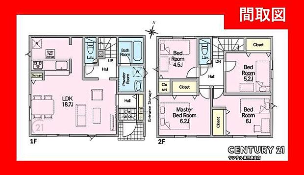 2階建、南東向き、4LDKの間取りです♪各居室に収納があり、とても使いやすい間取りとなっております♪