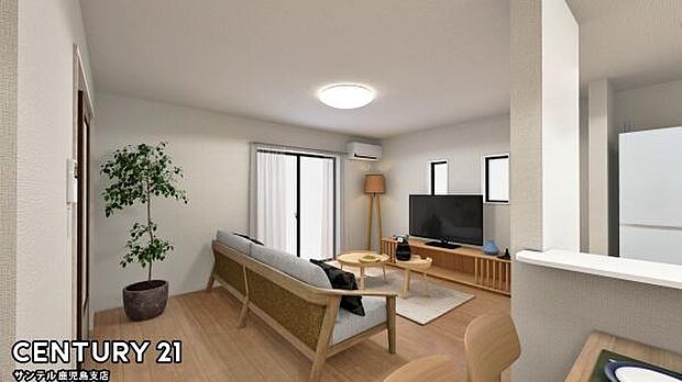 （同仕様モデル）カウンターキッチンからリビングにいるご家族やお子様の様子が見えるので、大切な時間を共有できるリビングスペースです♪※家具、家電、インテリアはＣＧによるイメージです。