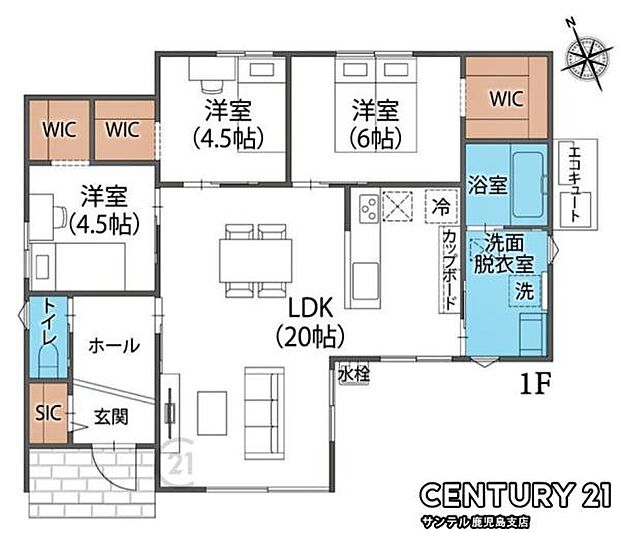 1号棟、南西向き!20帖の広々としたLDKと各居室に収納が付いている3LDKの間取りとなっております♪