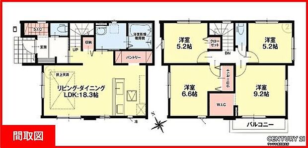 2号棟です♪2階建の4LDKの間取りです♪18.3帖の広々としたリビングでご家族ゆったり過ごせます。バルコニーも付いているのでとても使い勝手の良い間取りとなっております♪